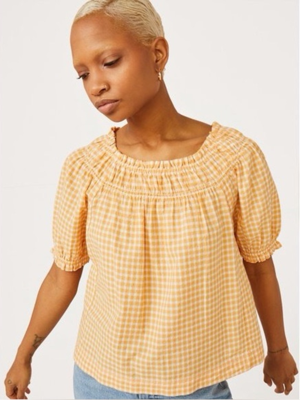 Free Assembly Women’s Organic Cotton Gingham Smocked Off-Shoulder Top - Orange